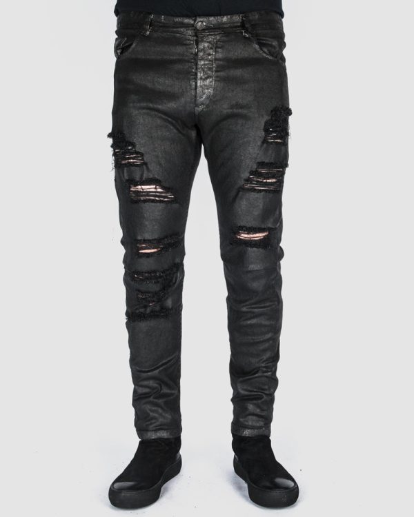 Waxed distressed pants on Sale